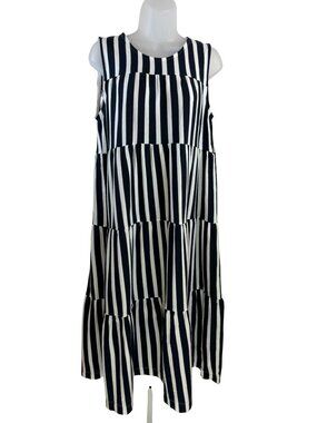 J.Crew Navy Blue and White Cotton Sleeveless Tiered Midi Swing Dress Size Medium